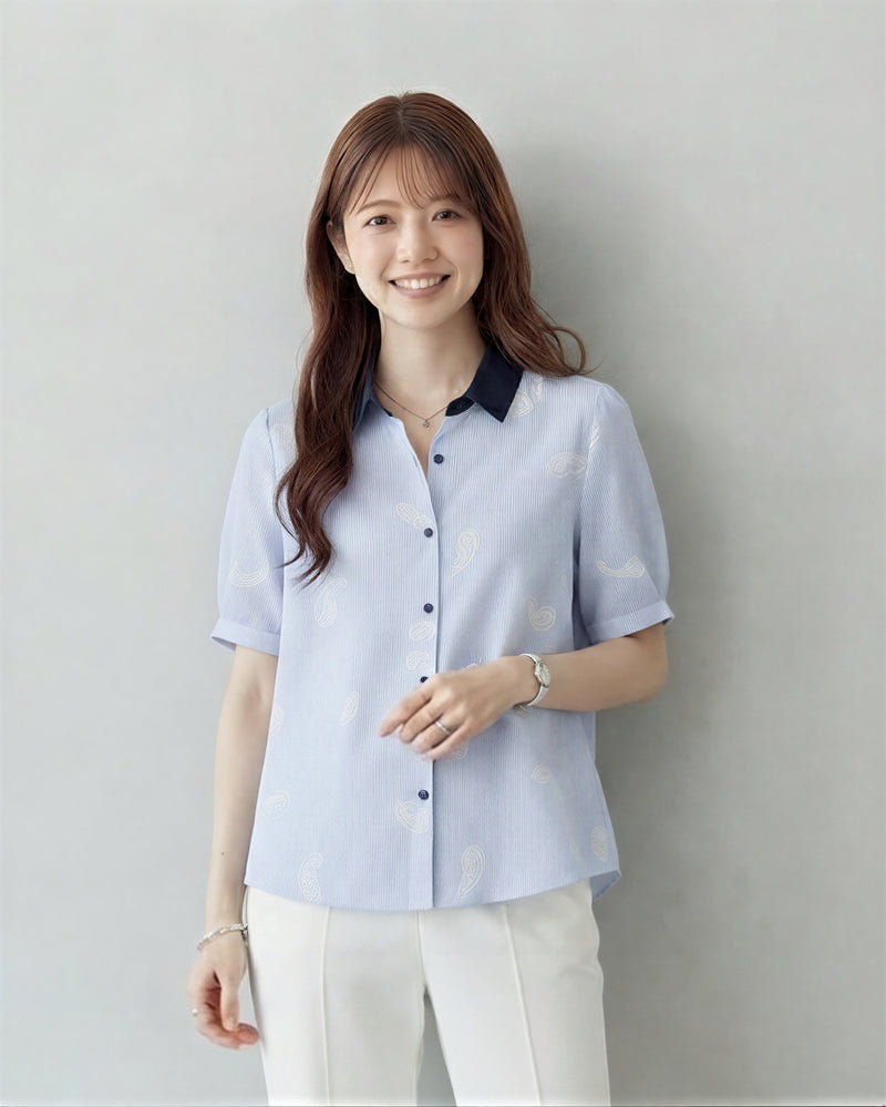 淺藍撞色翻領刺繡襯衫-淺藍色-2XL