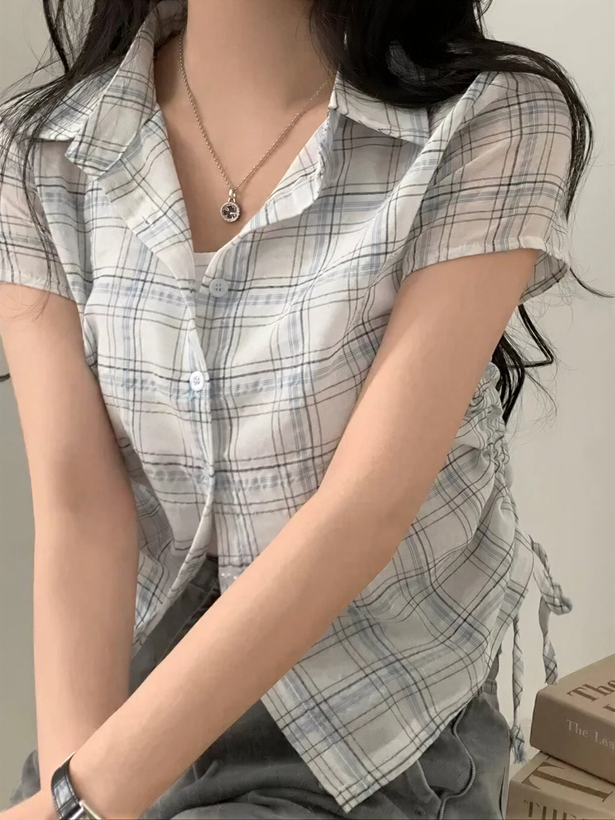 格紋收腰短袖襯衫（藍/白）