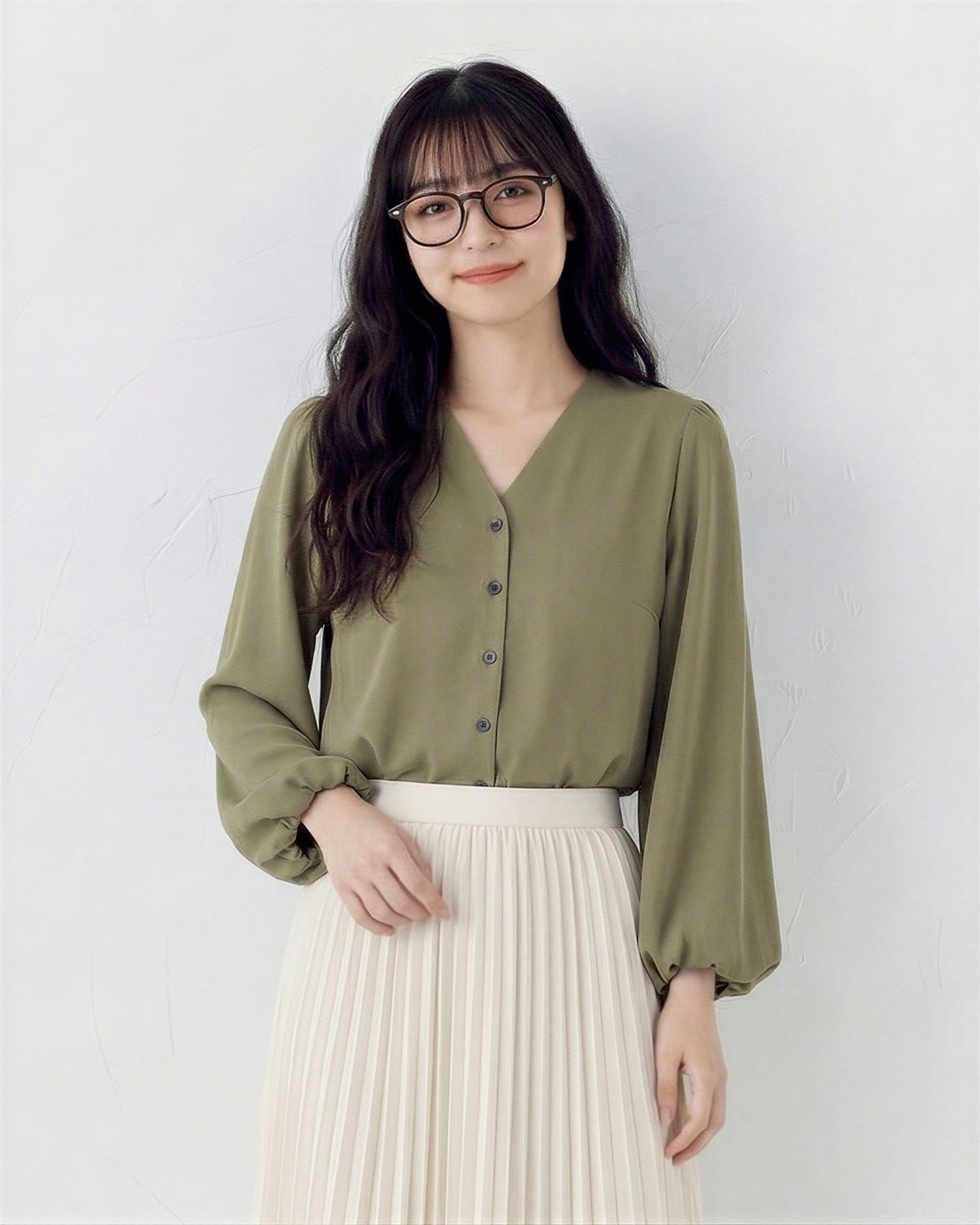 V領門襟排扣泡泡袖長袖襯衫-橄欖綠-3XL