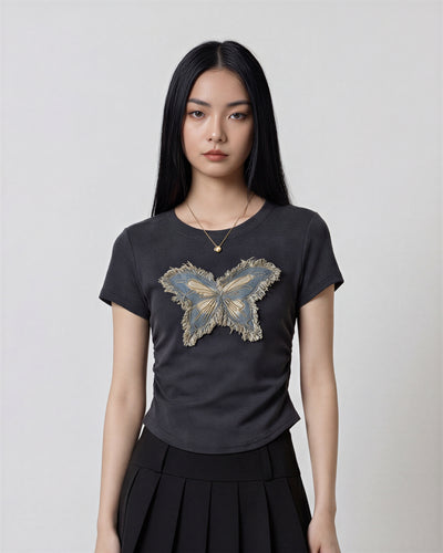 蝴蝶立體毛邊貼布 圓領短袖T恤-黑色-5XL