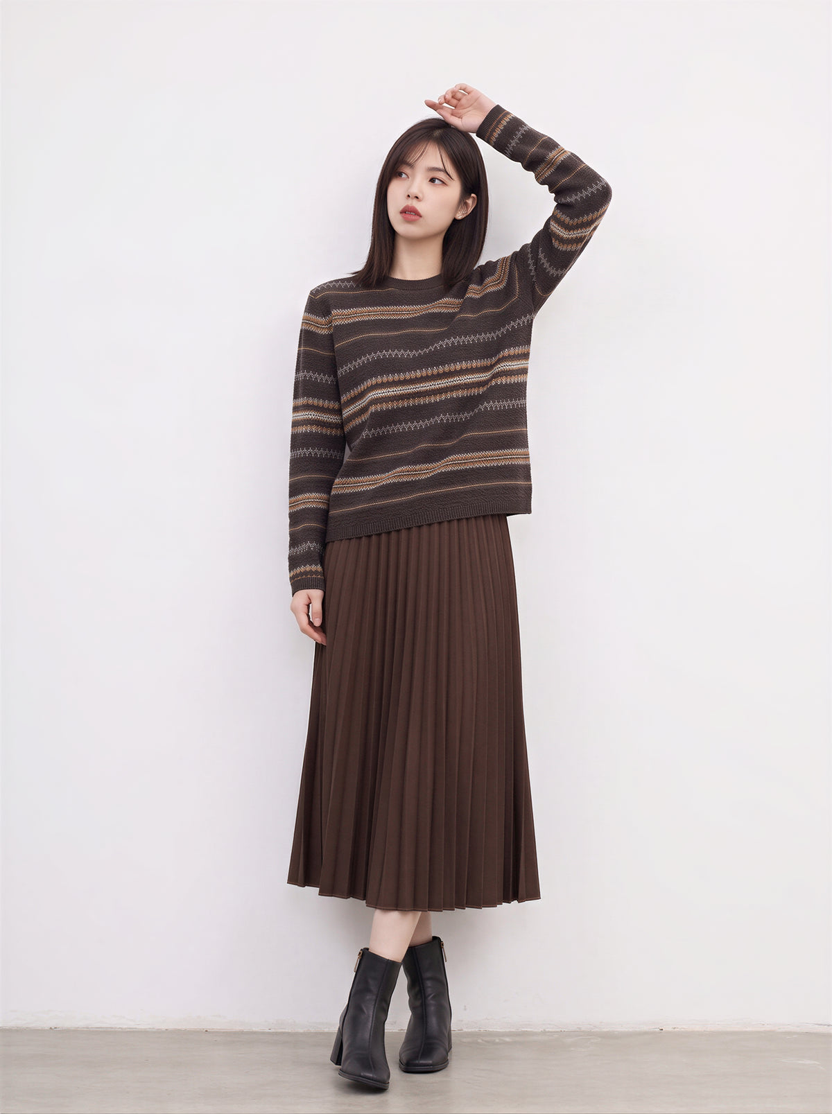 「秋季新品 」「兩色」提花條紋圓領針織衫
