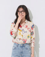 「秋季新品 」S-XL 米色塗鴉印花寬鬆襯衫