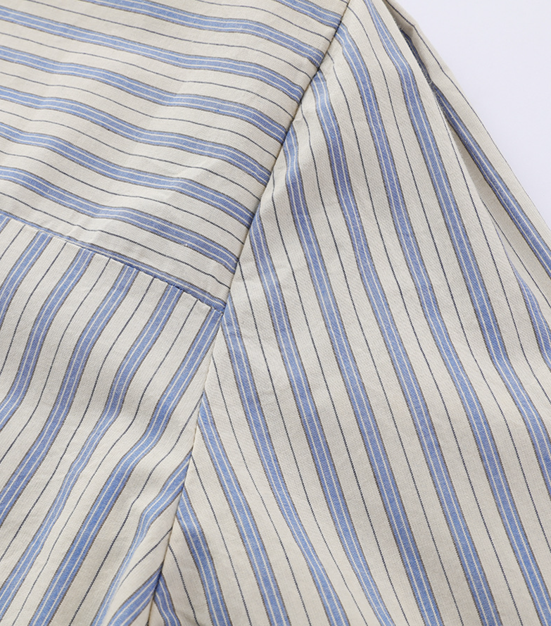 「秋季新品 」 M-XL 純棉甄選 | 條紋拼接燈籠袖襯衫