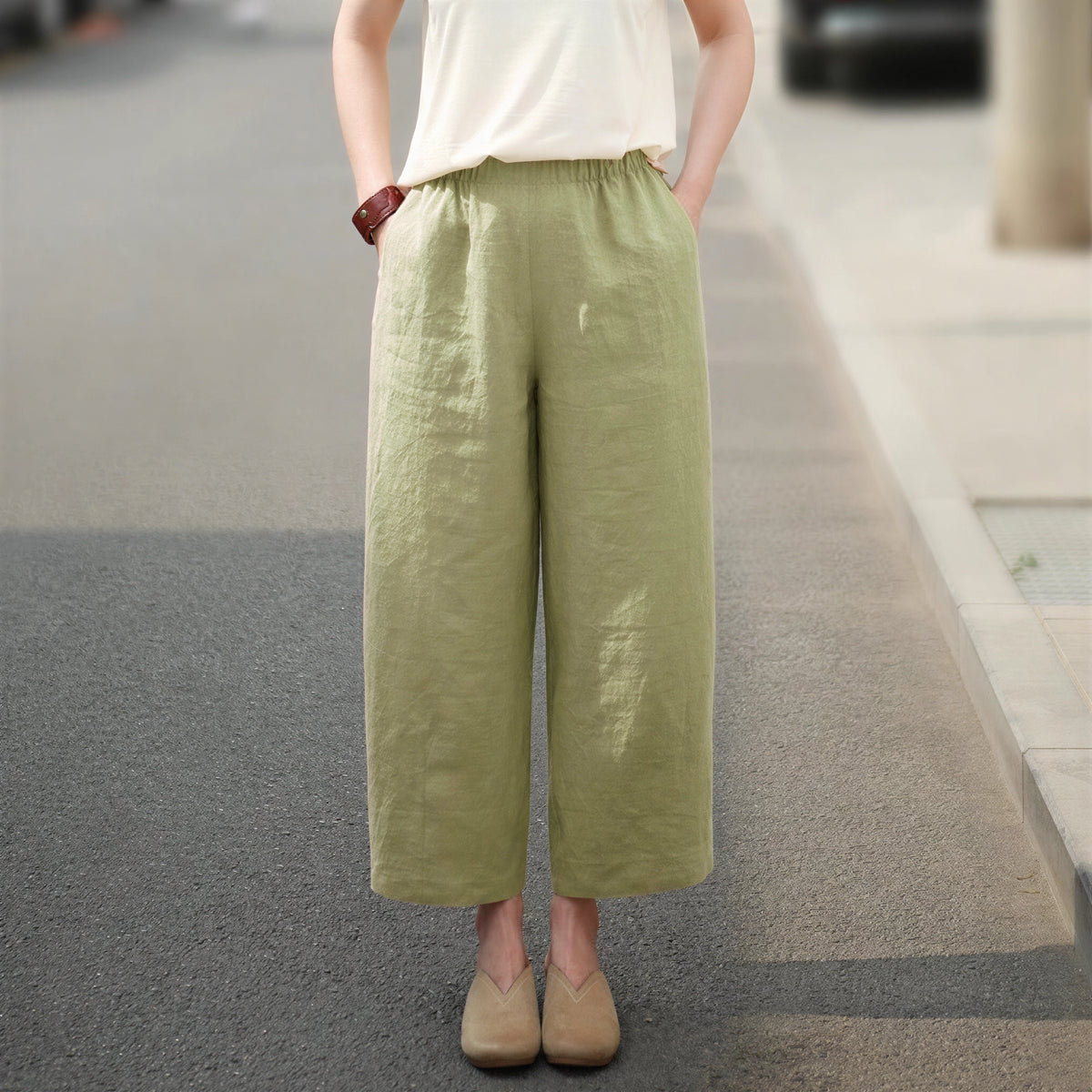 寬鬆直筒高腰休閒褲-綠色-4XL