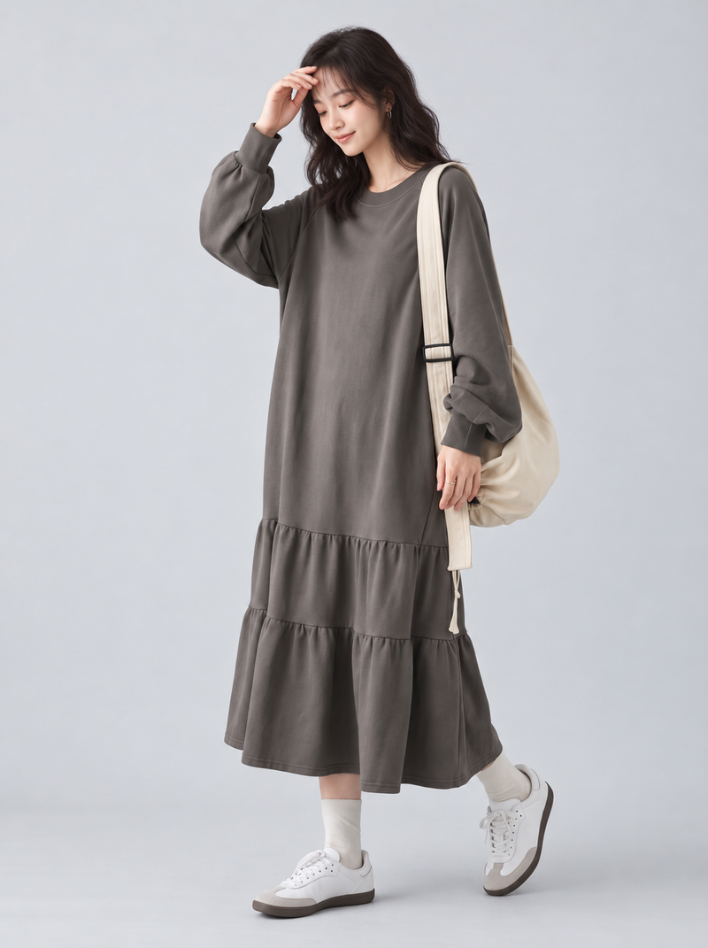 「秋季新品 」「3色」M-L 寬鬆落肩荷葉擺衛衣洋裝