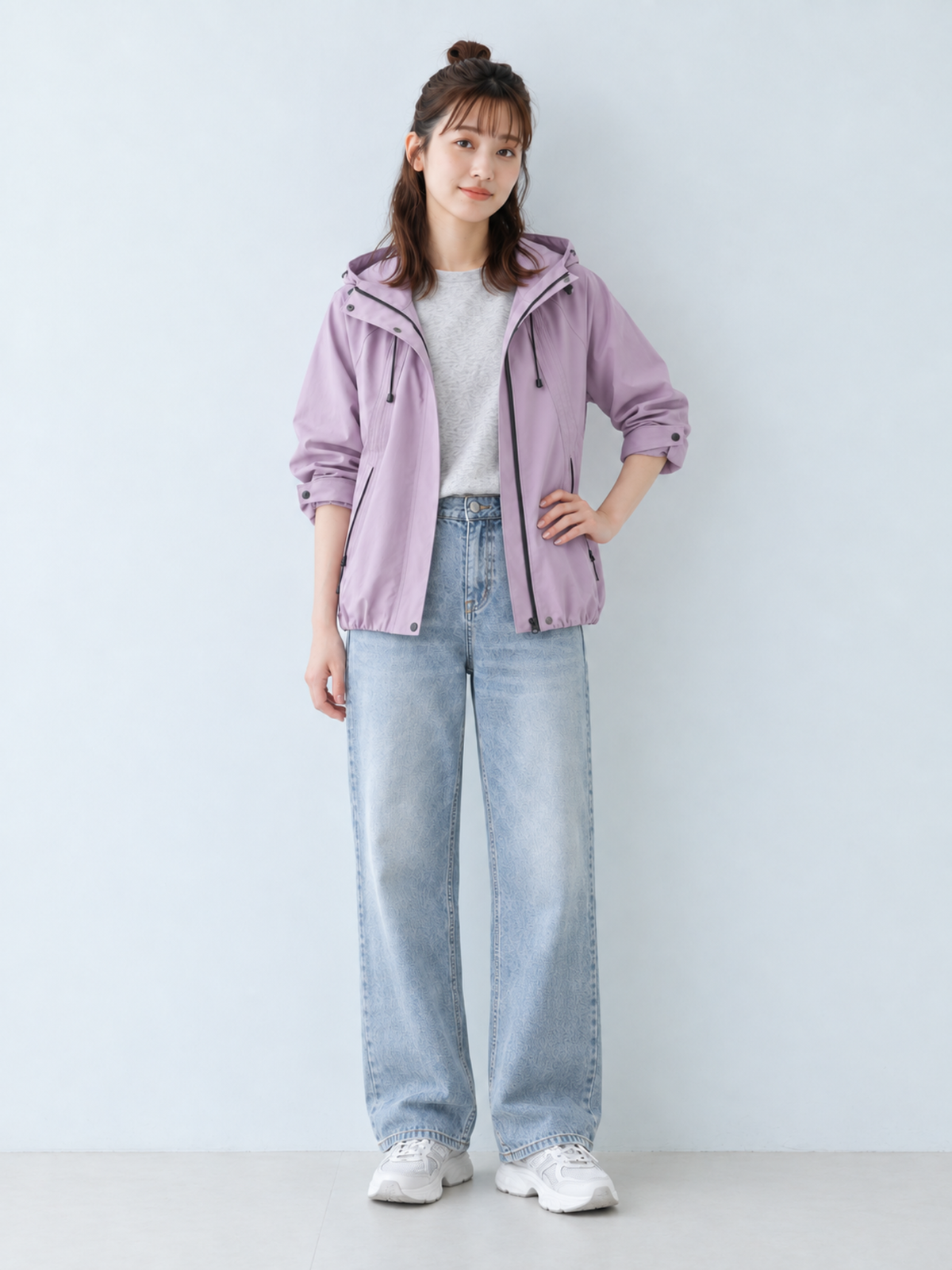 「秋季新品 」 S-XL 淺紫色 連帽抽繩寬鬆風衣
