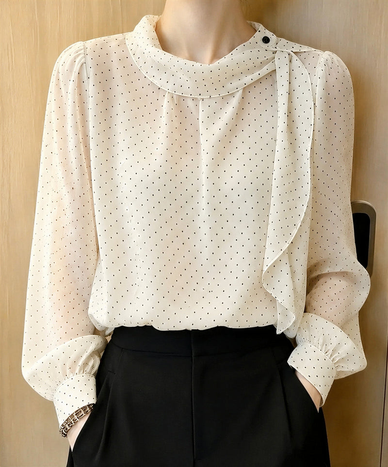 S-XL 米色波點木耳邊立領長袖襯衫