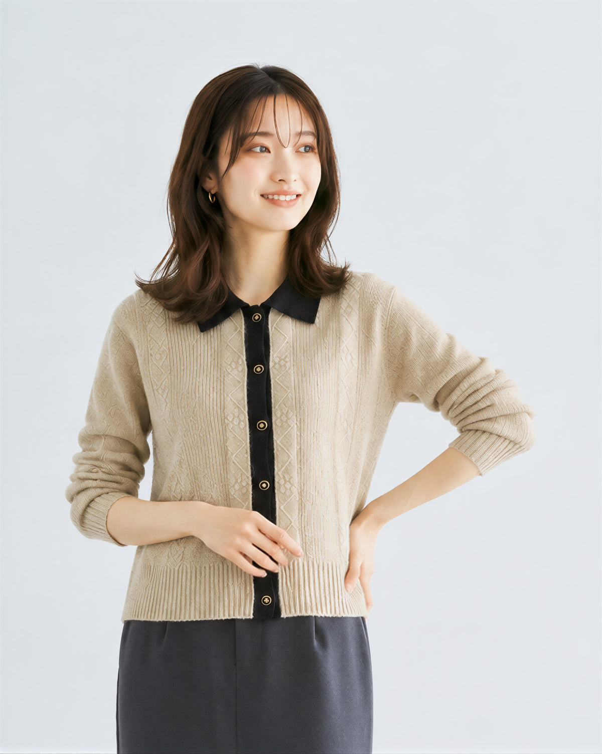 「秋季新品 」撞色翻領提花直紋針織開襟衫