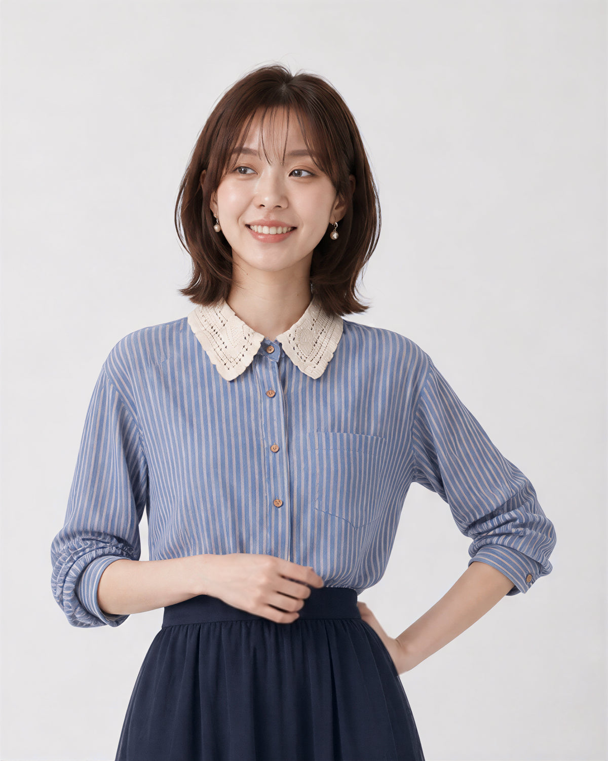 「秋季新品 」蕾絲翻領條紋襯衫