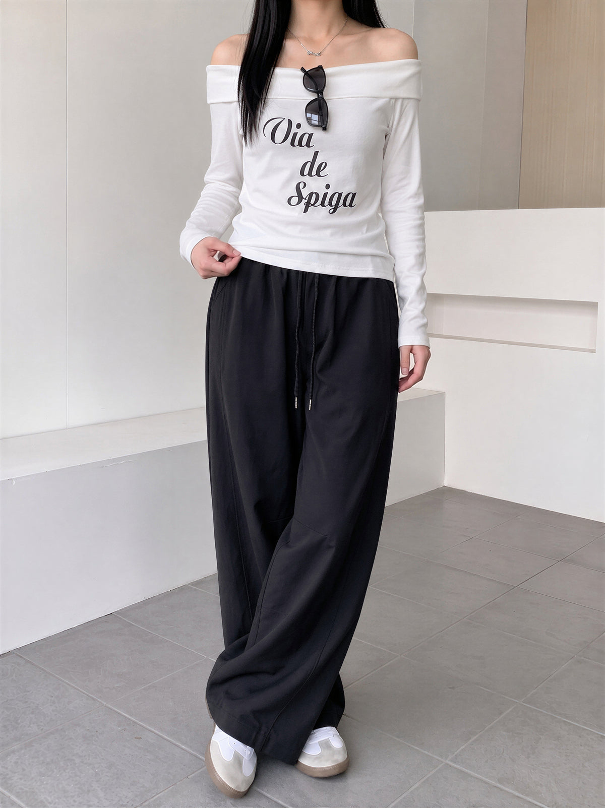 「秋季新品 」「4色」M-XL 高腰抽繩拖地寬褲