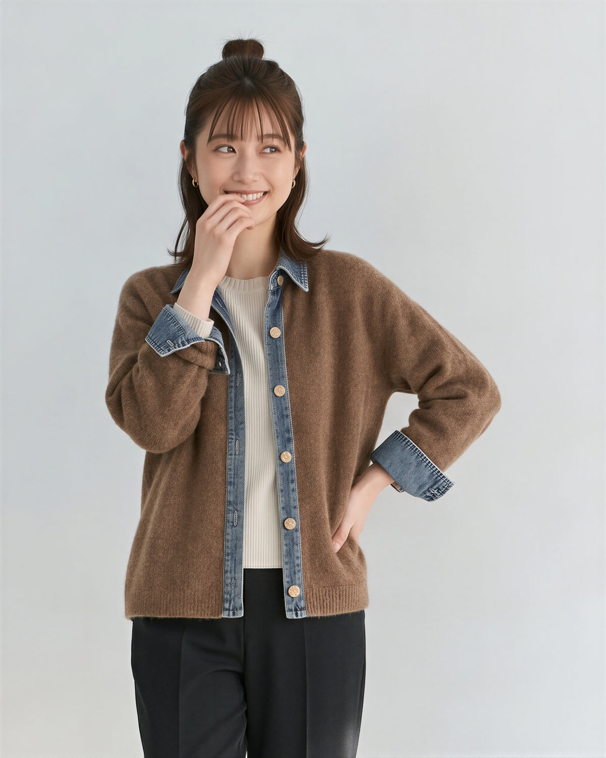 「3色」「秋季新品 」M-XL 拼接翻領短版針織開襟衫