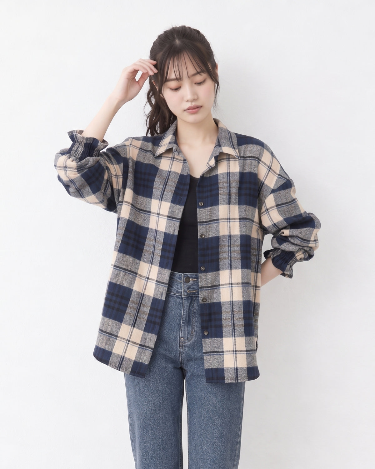 「秋季新品 」寬鬆格紋翻領襯衫