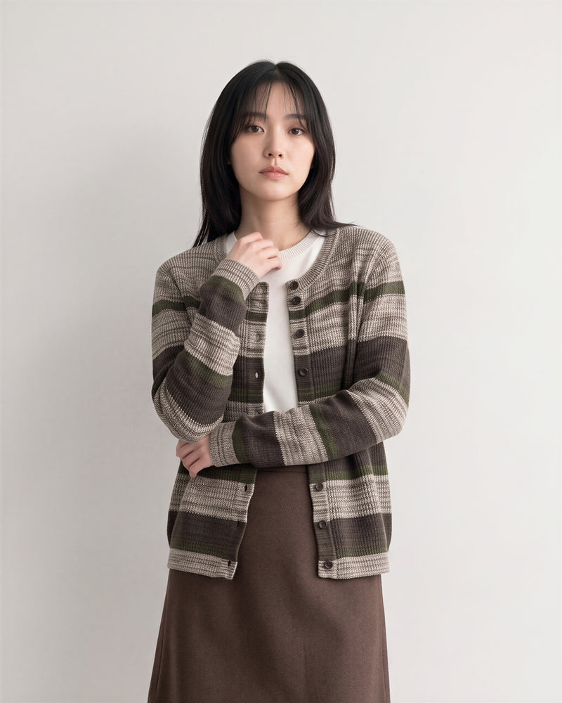 「秋季新品 」「兩色」圓領條紋撞色針織開襟衫