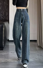 「秋季新品 」 XS-2XL 高腰直筒寬褲牛仔褲