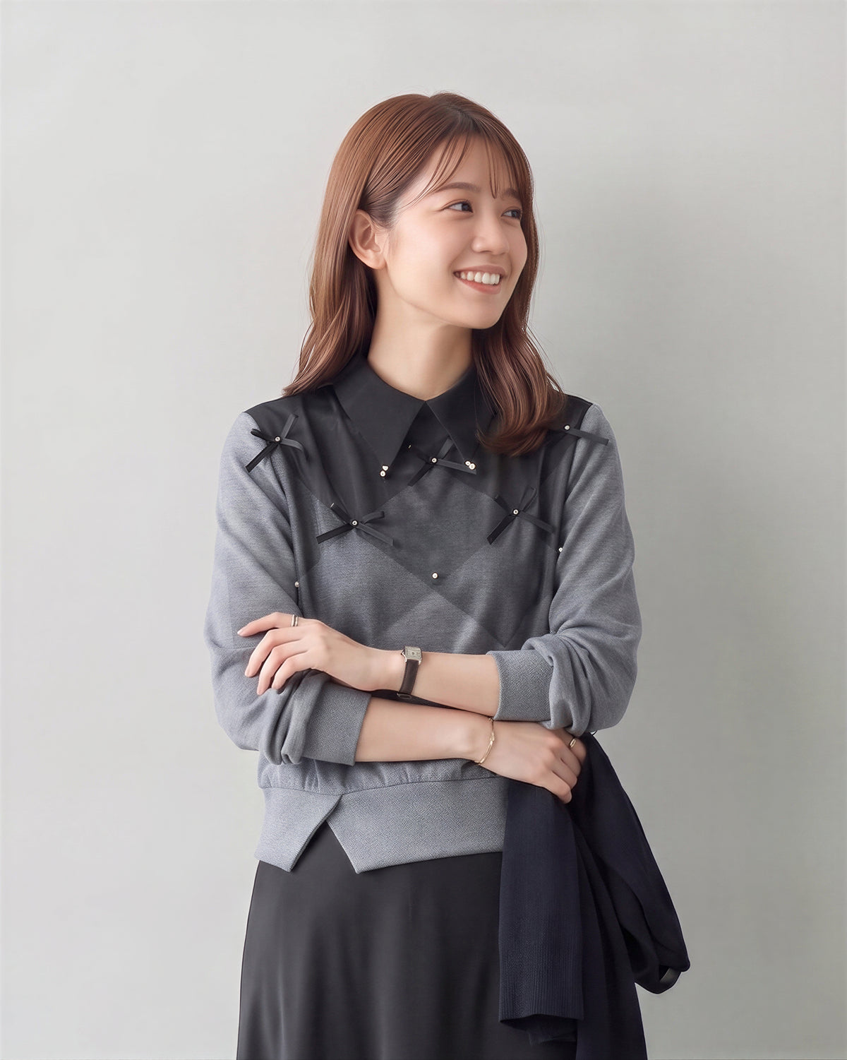 「秋季新品 」S-XL 菱格拼接飄帶翻領衛衣