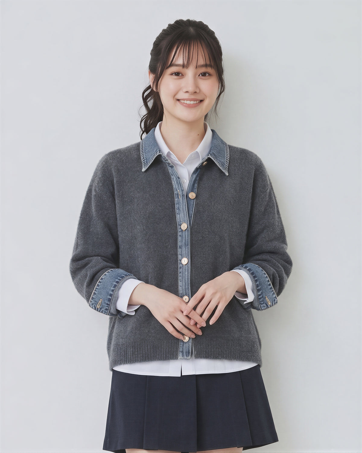 「3色」「秋季新品 」M-XL 拼接翻領短版針織開襟衫