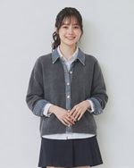 「3色」「秋季新品 」M-XL 拼接翻領短版針織開襟衫