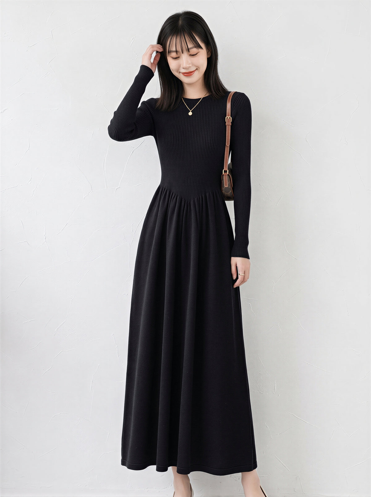 「秋季新品 」「兩色」高腰抓褶羅紋針織洋裝