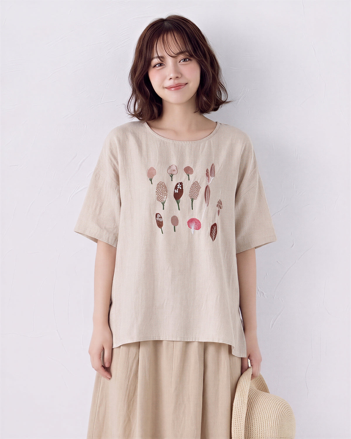 刺繡圖案寬鬆圓領T恤-麻灰色-2XL