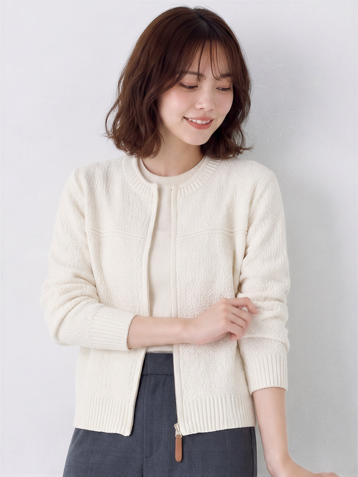 「3色」S-2XL 立體紋理短版 | 拉鍊針織開襟衫