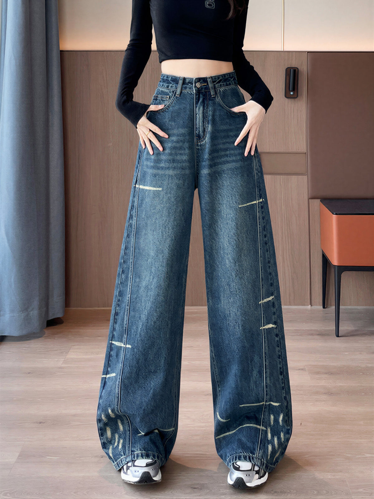 高腰寬管拖地牛仔褲