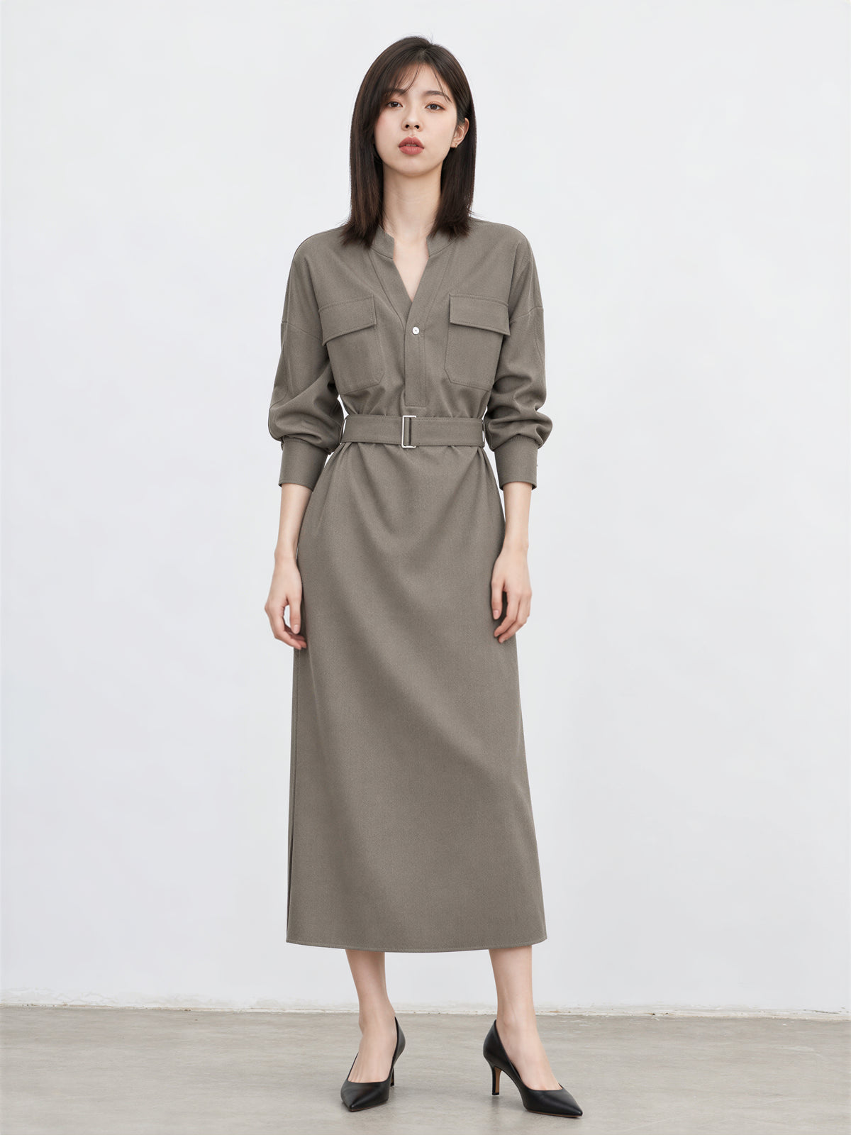 「秋季新品 」S-XL 收腰繫帶立領襯衫洋裝
