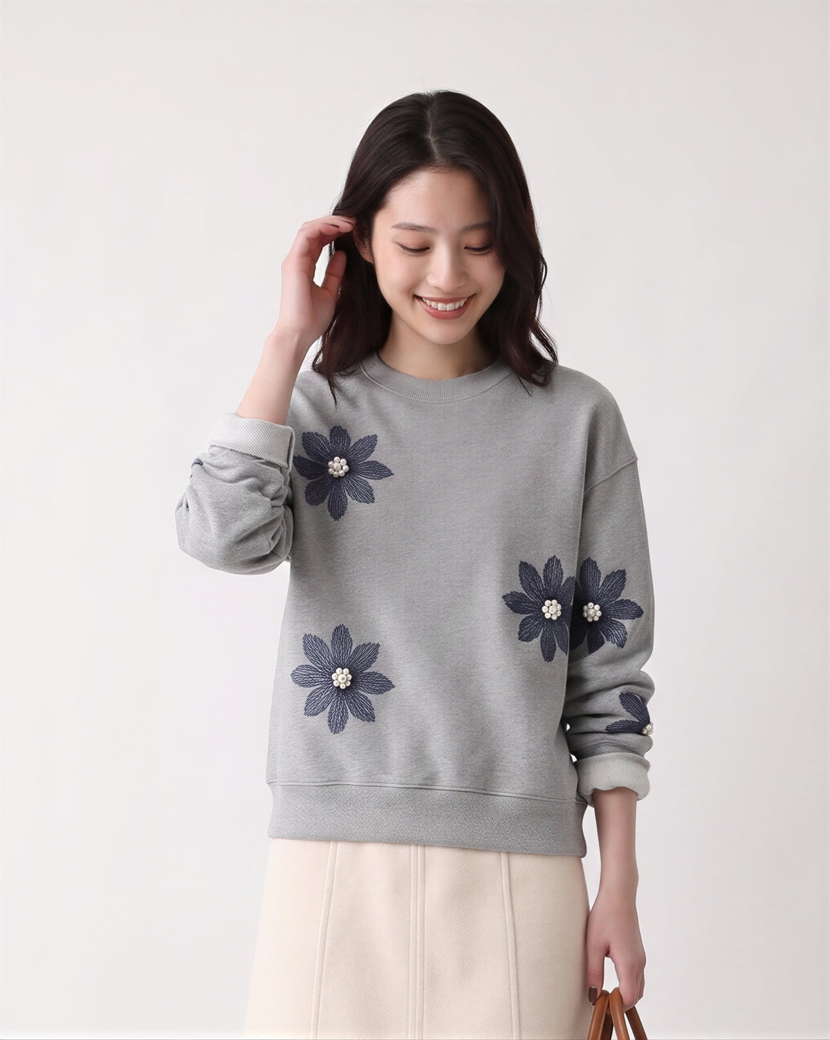 「秋季新品 」S-3XL 立體花朵寬鬆灰色衛衣