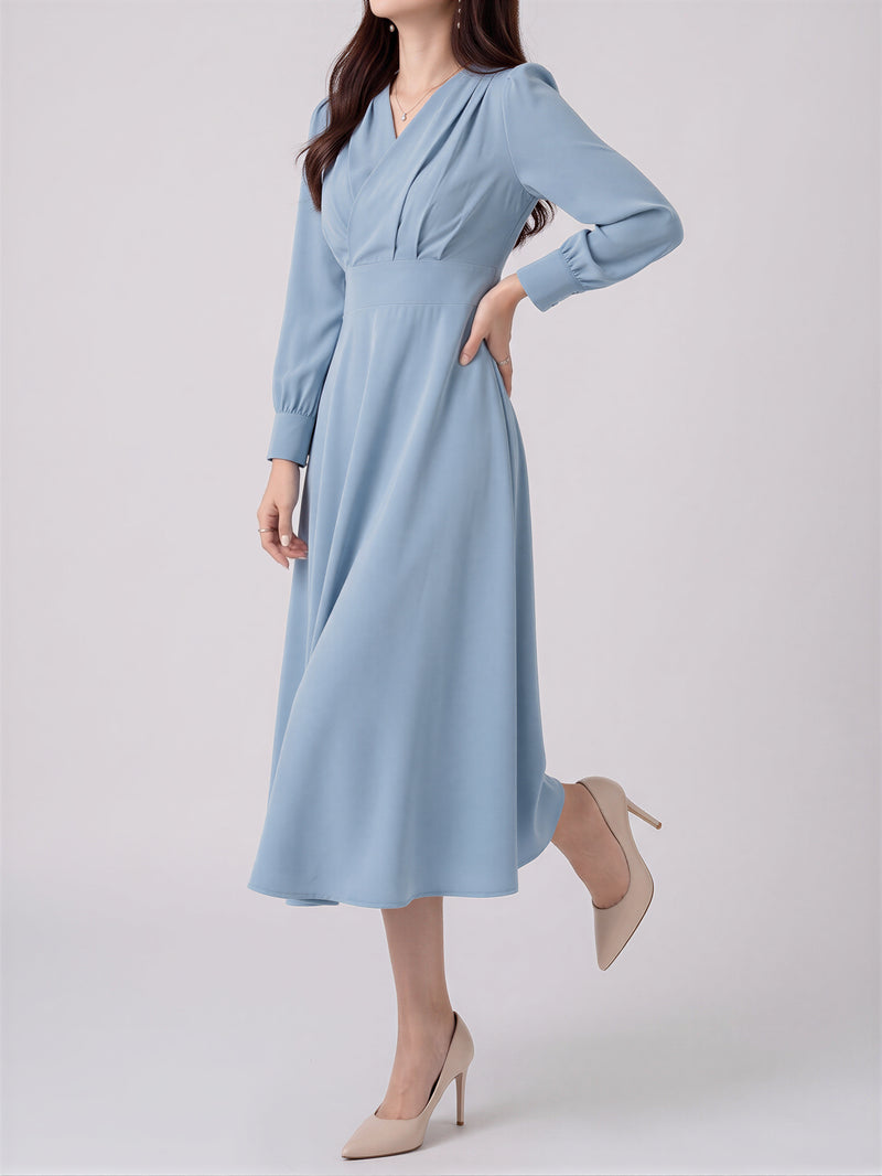「3色」「秋季新品 」S-XL V領褶襉高腰長袖洋裝