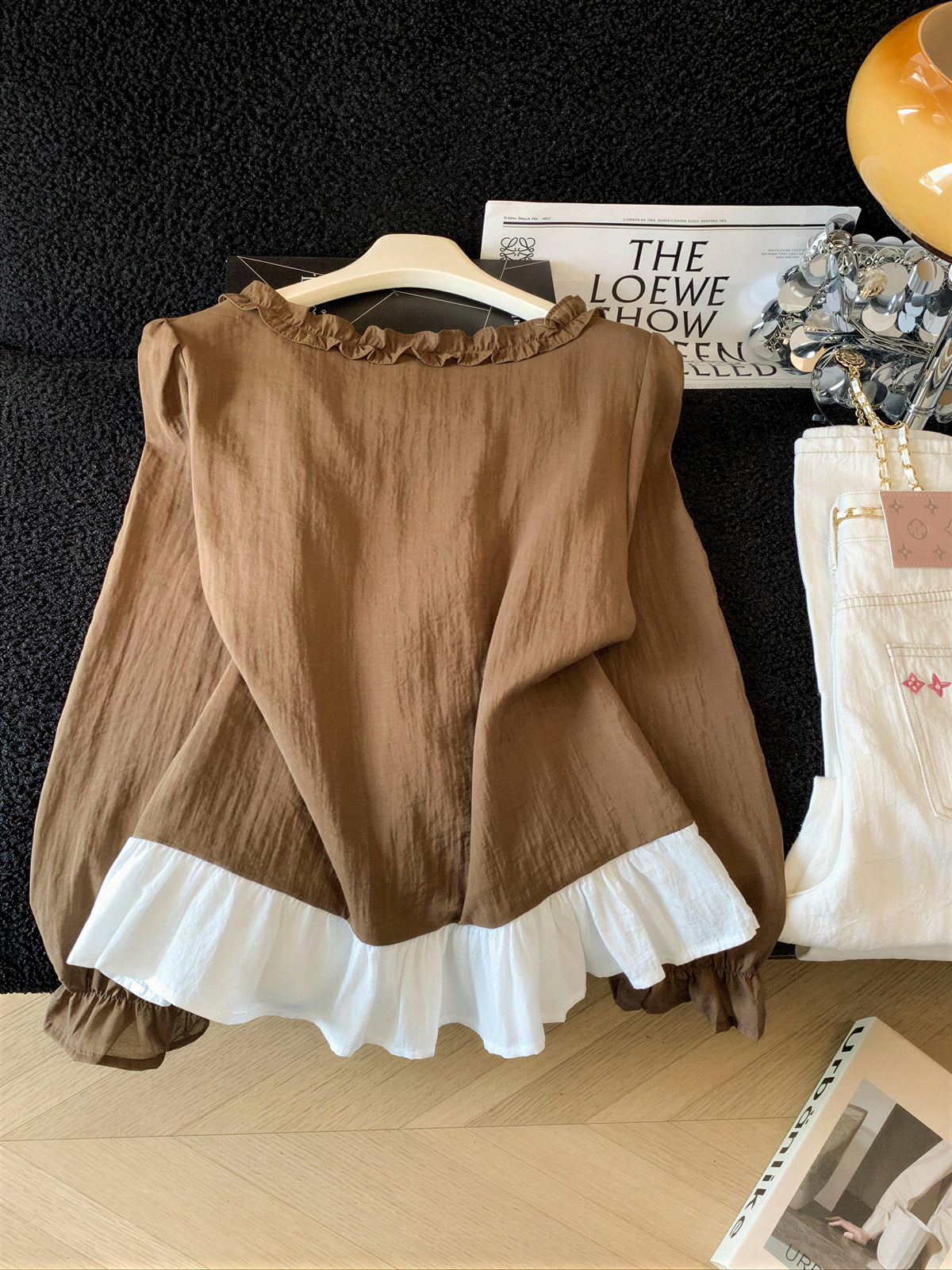 「秋季新品 」「兩色」S-XL 木耳邊綁帶假兩件襯衫