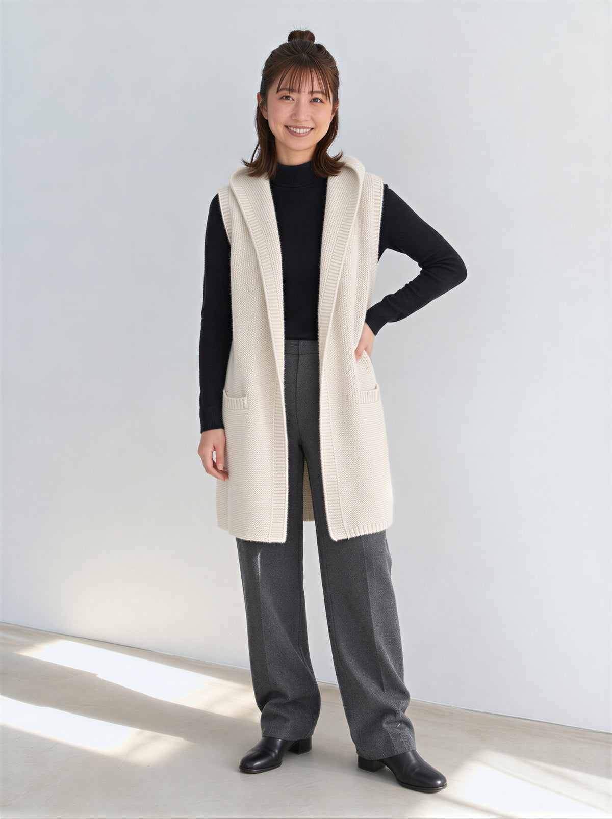 「秋季新品 」「3色」連帽開襟長版背心