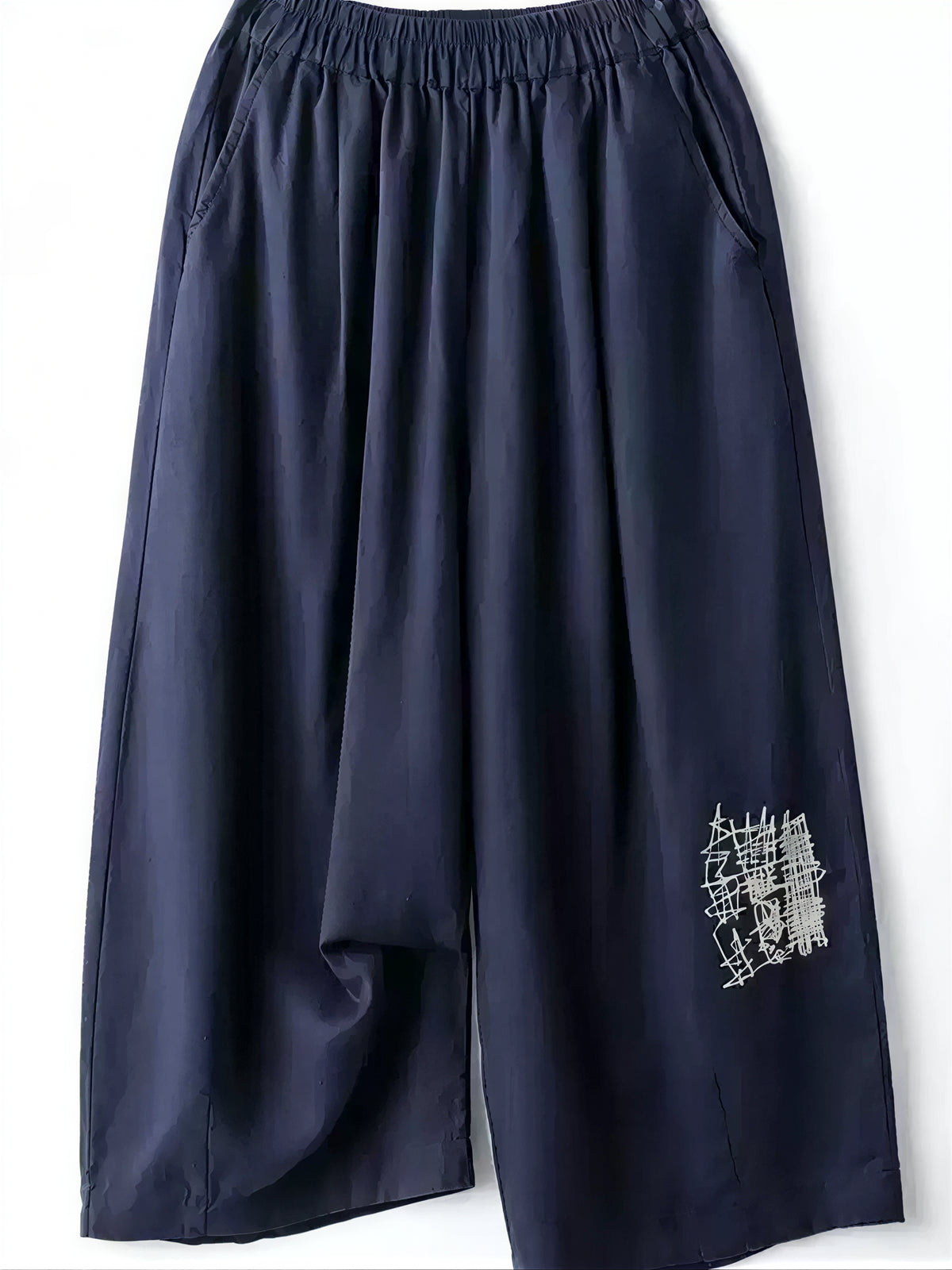 「兩色」M-2XL 亞麻鬆緊高腰刺繡寬褲