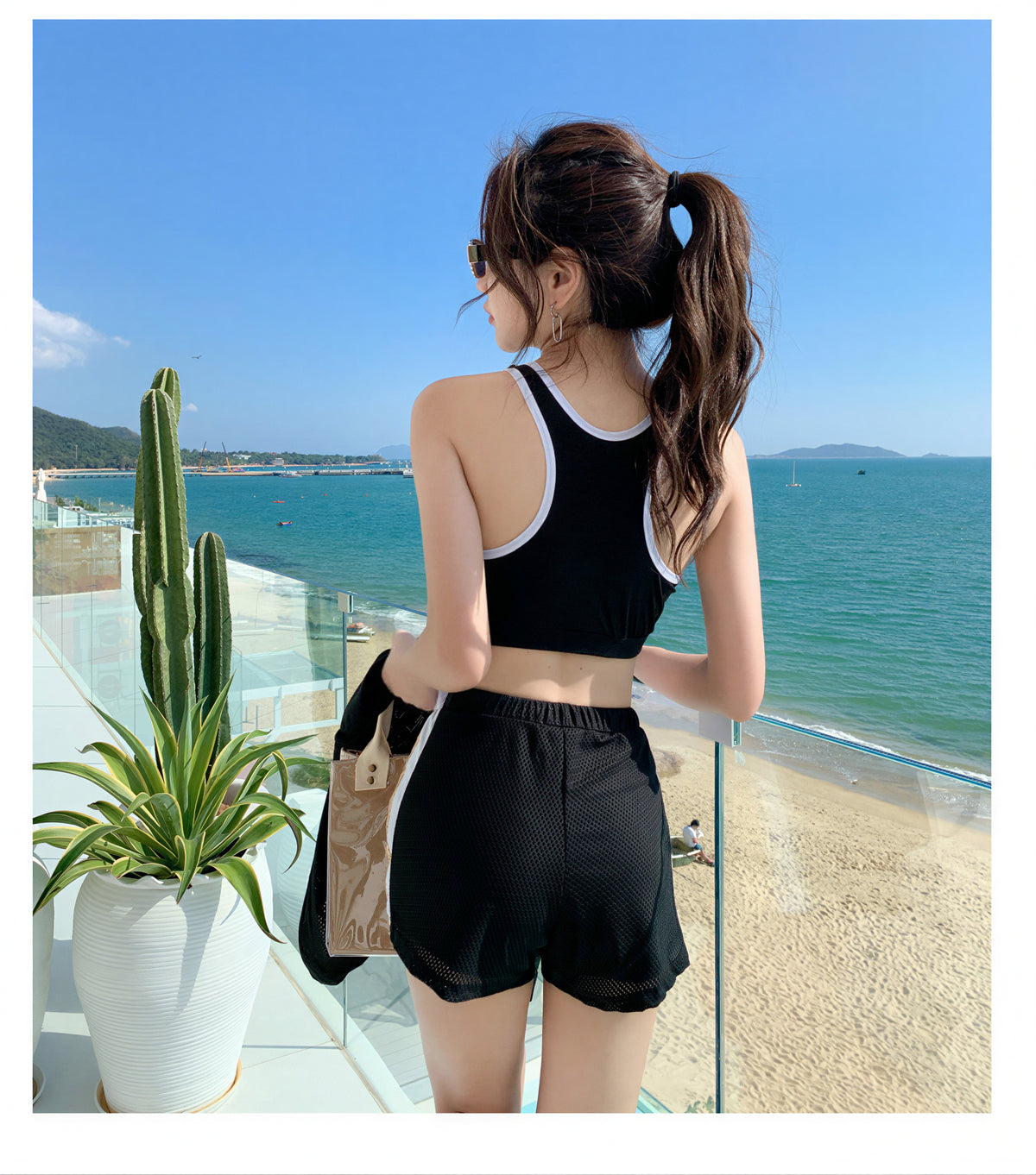 連帽寬鬆 拼接設計 分體三件式泳裝（罩衫＋背心式泳衣＋平口泳褲）