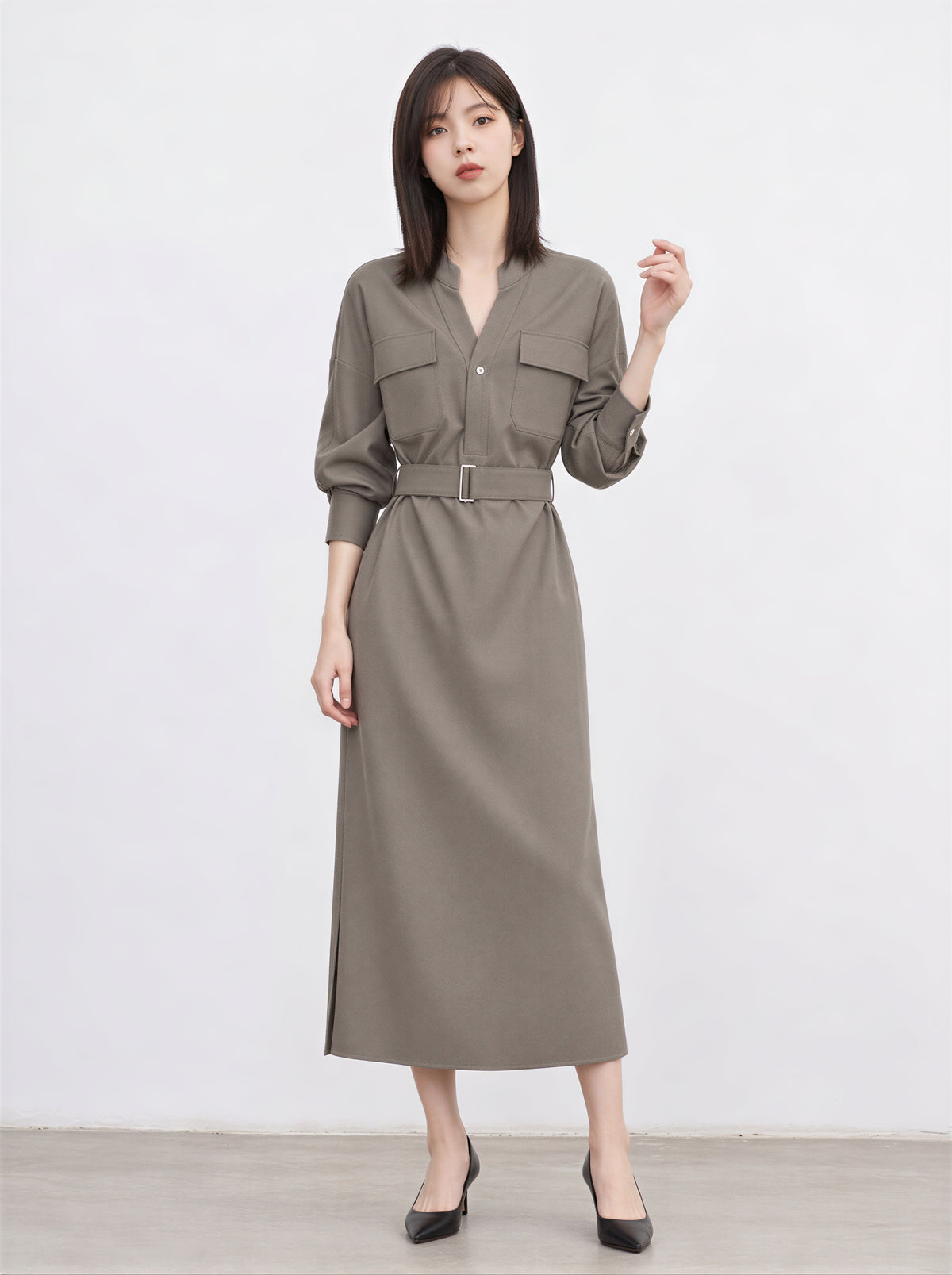 「秋季新品 」S-XL 收腰繫帶立領襯衫洋裝