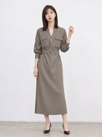 「秋季新品 」S-XL 收腰繫帶立領襯衫洋裝