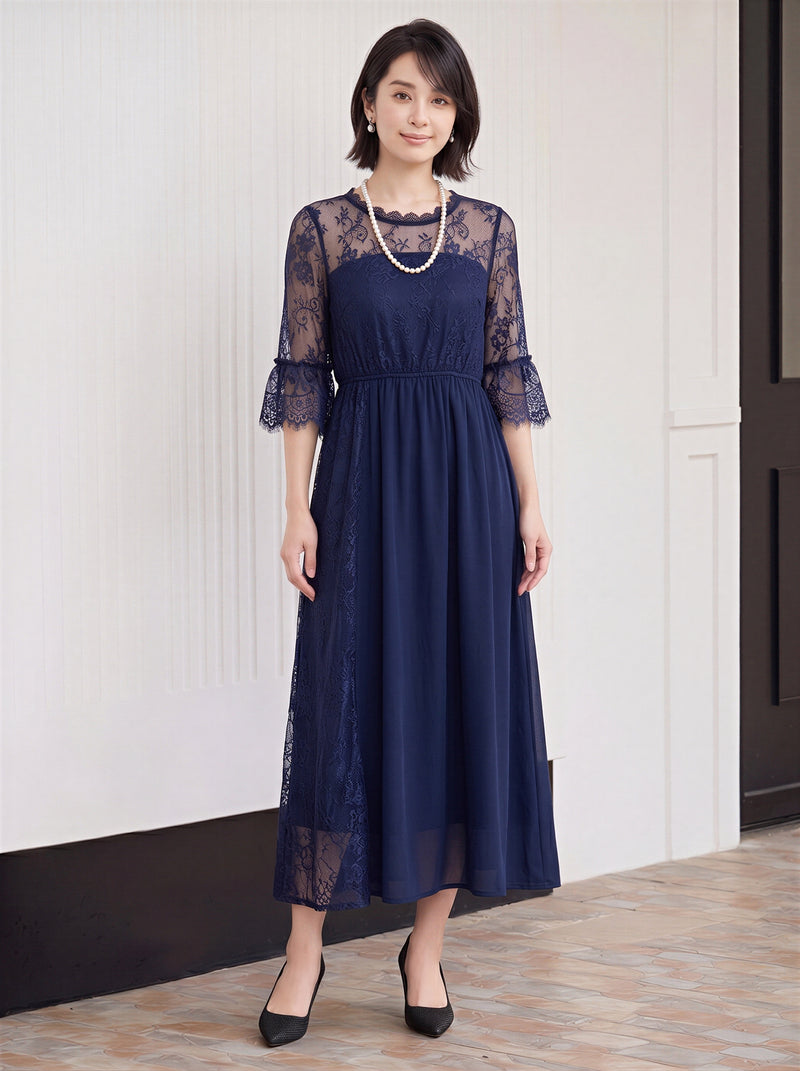 蕾絲拼接收腰禮服洋裝-藍色-2XL