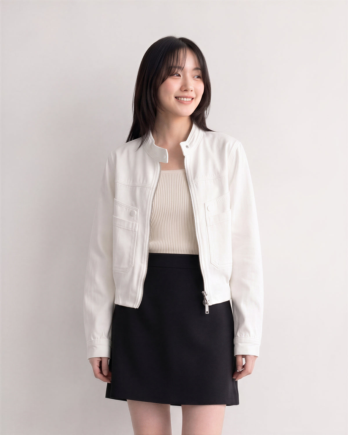 S-XL 白色立領短版 | 工裝夾克俐落外套