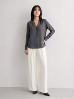 「秋季新品 」S-XL 灰色網紗拼接深V襯衫