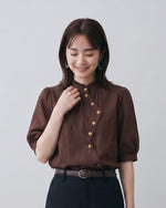S-2XL 木耳邊斜襟泡泡袖襯衫
