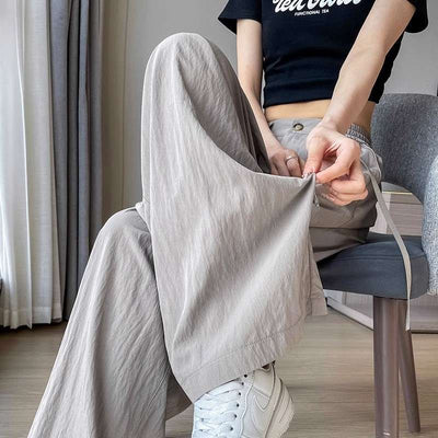 高腰抽繩鬆緊腰闊腿褲-淺灰色-2XL