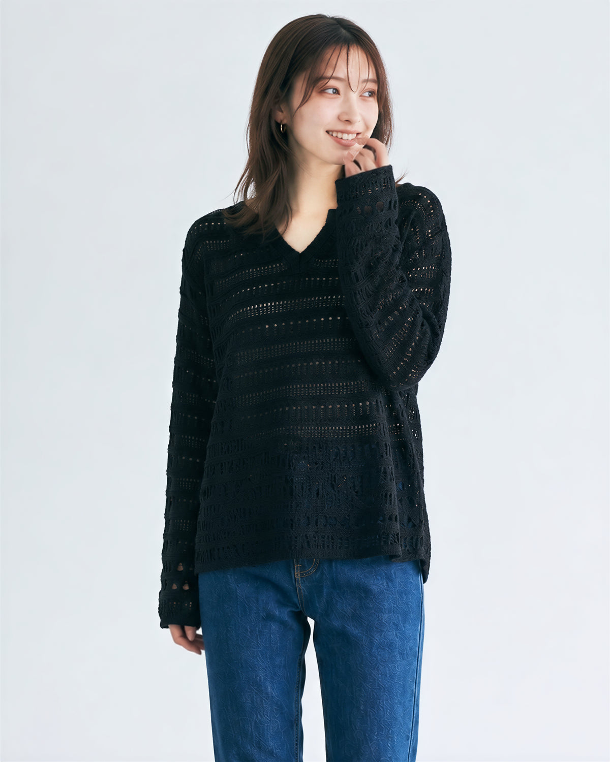 「秋季新品 」「多色」 鏤空紋理 | 小V領寬鬆針織衫