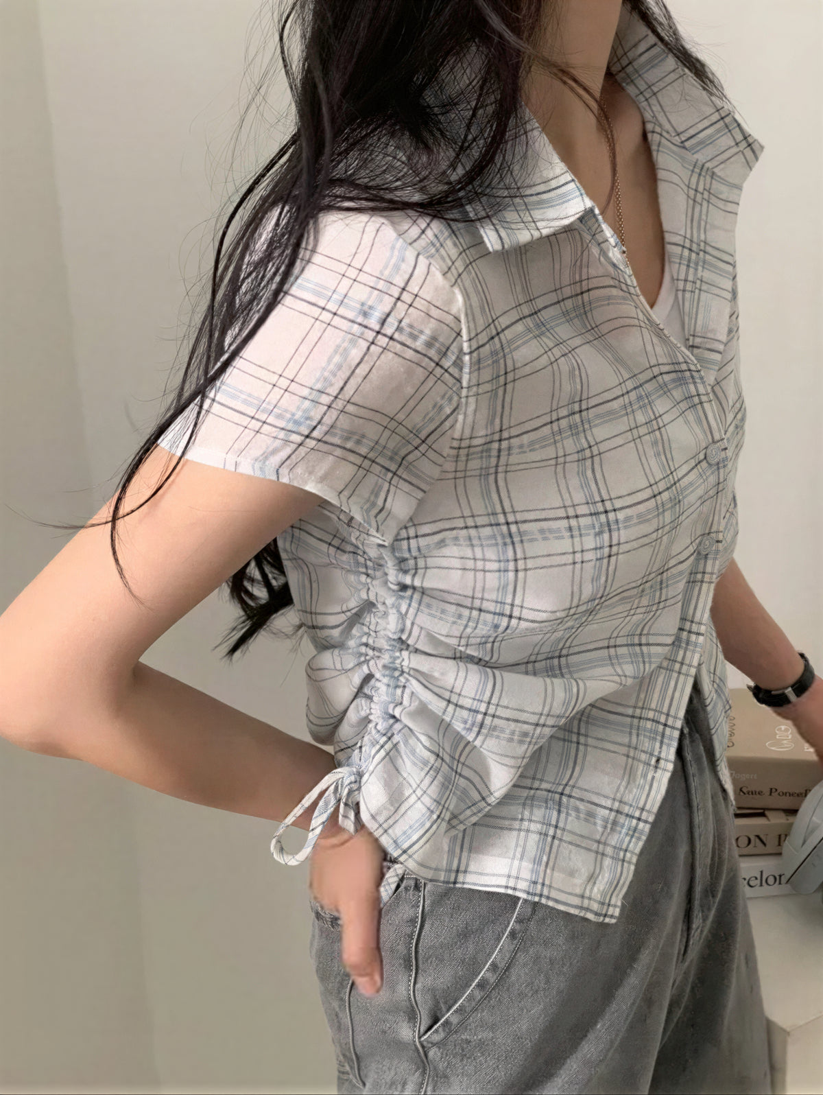 格紋收腰短袖襯衫（藍/白）