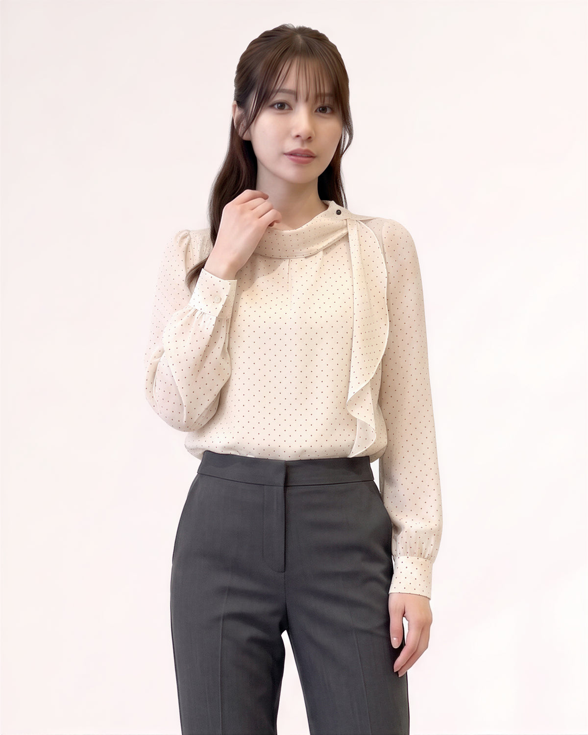 S-XL 米色波點木耳邊立領長袖襯衫