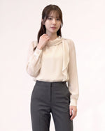 S-XL 米色波點木耳邊立領長袖襯衫