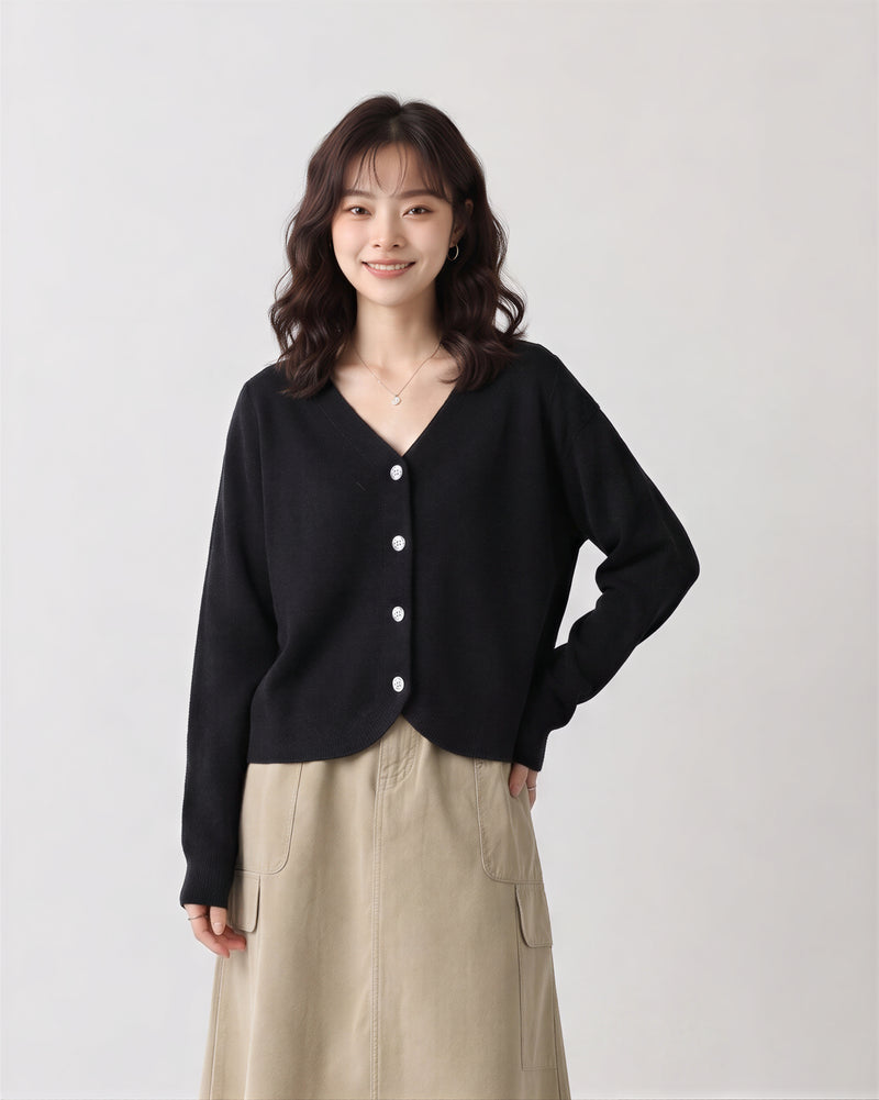 「兩色」S-2XL V領圓弧下襬 | 寬鬆針織開襟衫