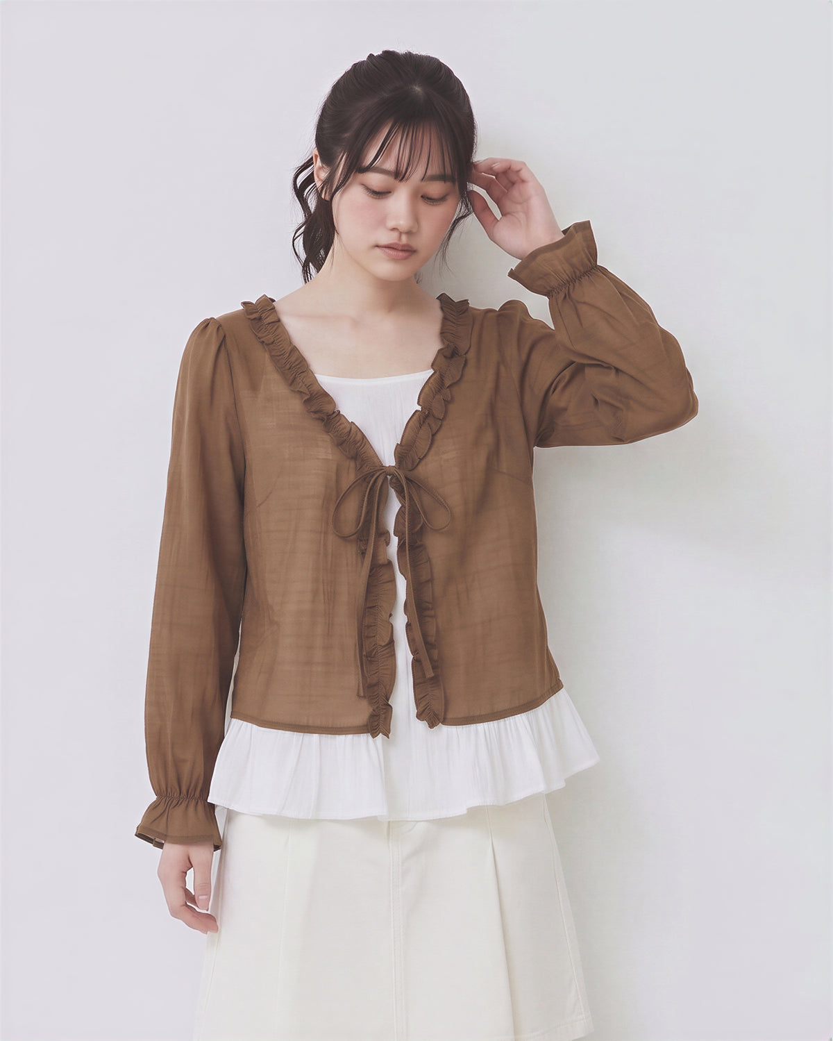 「秋季新品 」「兩色」S-XL 木耳邊綁帶假兩件襯衫