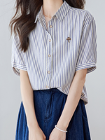 純棉甄選 藍條紋襯衫女五分袖 | 細條紋寬鬆翻領襯衫