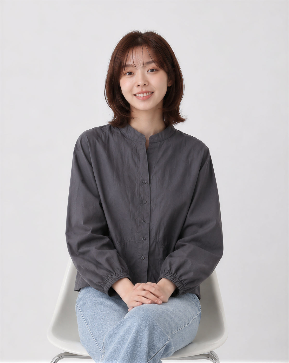 S-XL 灰色立領收腰燈籠袖襯衫