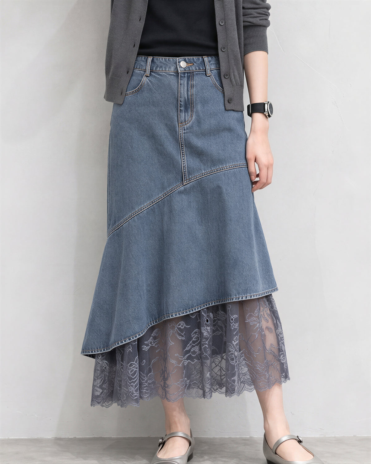 「秋季新品 」拼接蕾絲不規則魚尾牛仔半身裙