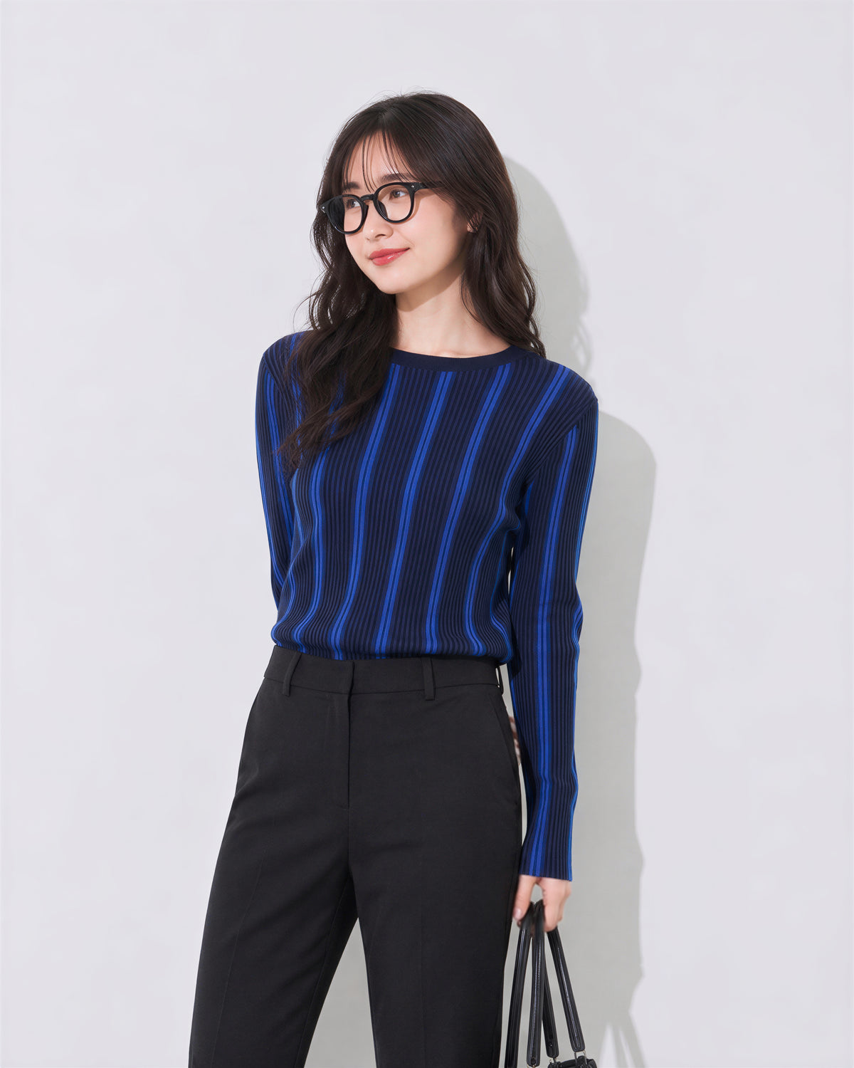 「秋季新品 」S-XL 修身氣質長袖直條紋圓領針織衫