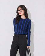 「秋季新品 」S-XL 修身氣質長袖直條紋圓領針織衫